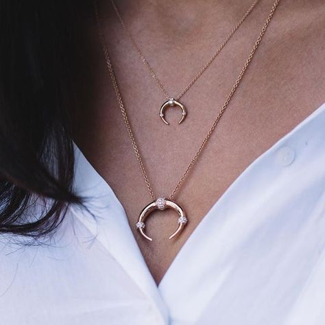 When you can’t decide, wear them both.  #DharmaNecklace & #MiniDharmaNecklace - link in bio! #CarbonAndHyde Gold Horns, Horn Necklace, Linking Rings, Solitaire Necklaces, Rose Gold Pendant, Domed Ring, Tennis Bracelet Diamond, Fine Jewelry Designers, Yellow Gold Pendants