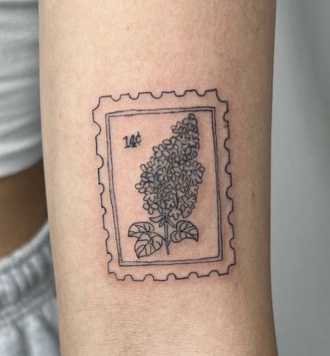 Lilac Stamp Tattoo, Lavender Stamp Tattoo, Stamp Tattoo Postage, Lilac Tattoo Design, Washington Lilacs, Postage Stamp Tattoo, Body Doodles, Lilac Tattoo, Lavender Stamp