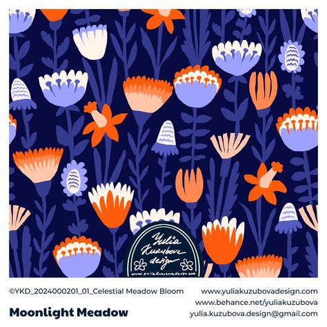 At the heart of the collection is the Celestial Meadow Bloom, a hero pattern that unveils the secret life of a moonlit spring meadow. Against the backdrop of the night sky, a mesmerizing array of flowers unfolds, their colors and shapes illuminated by the gentle touch of moonlight. This design is a visual symphony, a celebration of the beauty that blooms under the cover of darkness. . . . . . . . . #yuliakuzubovadesign #moonlightmeadow #celestialmeadowbloom #ykdpatternshop #patternshop #a... Hero Pattern, Spring Meadow, Gentle Touch, The Night Sky, A Hero, Secret Life, Simple Shapes, Surface Pattern Design, Surface Pattern