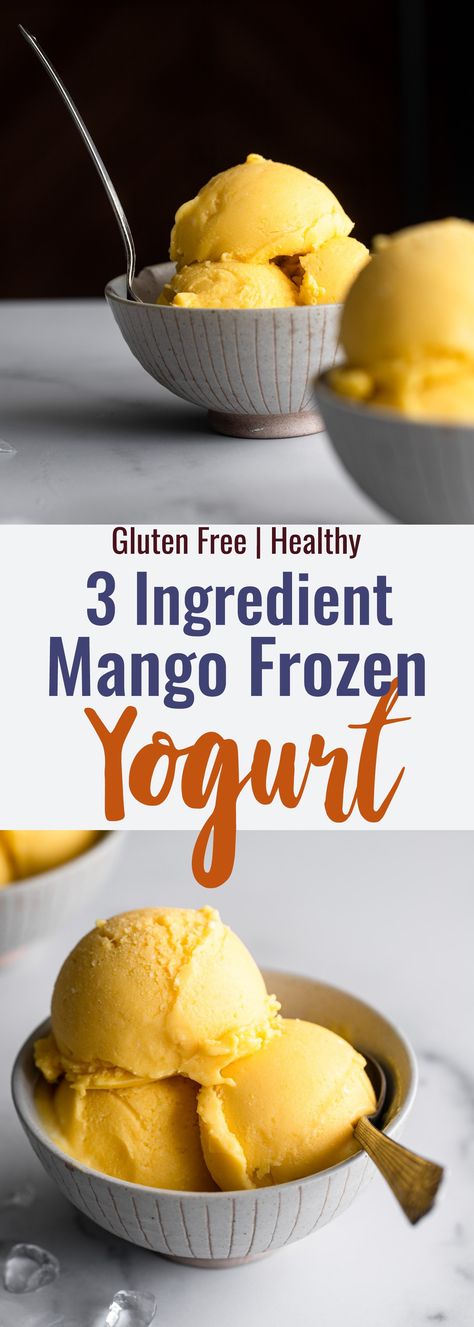 Mango Frozen Yogurt - This Mango Frozen Yogurt is only 3 simple ingredients and takes 5 minutes! A healthy, gluten free and high protein dessert for the whole family! | #Foodfaithfitness | #glutenfree #frozenyogurt #healthy #greekyogurt High Protein Dessert, Mango Frozen Yogurt, Healthy Frozen Yogurt, Semifreddo Recipe, Homemade Frozen Yogurt, Banana Ice Cream Recipe, Protein Dessert, Frozen Yogurt Recipes, Mango Dessert Recipes