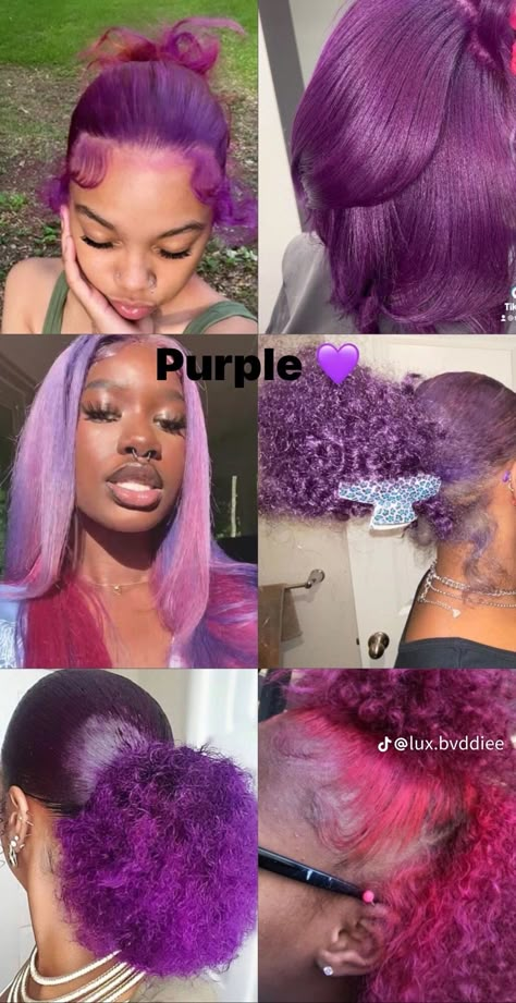 Different Hair Colors On Black Women, Colors To Dye Your Hair Dark Skin, Pink And Purple Dyed Hair, Dyed Natural Hair Purple, Purple Hair Dye Black Woman, Colors To Dye Your Hair Light Skin, Dark Hair Dye Color Ideas, Hair Color Ideas Bright Colors, How To Dye My Hair