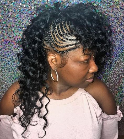 Side Cornrows and Curls Two Cornrow Braids, Natural Cornrow Hairstyles, Braids Fashion, Braided Mohawk Hairstyles, Faux Hawk Braid, Side Cornrows, Cornrow Ponytail, Side Braid Hairstyles, Mohawk Braid