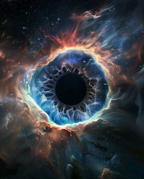 Black Hole's Gaze, where the heart of a black hole transforms into the captivating iris of a celestial eye. This cosmic marvel, with its vibrant swirls and intricate patterns, reveals the enigmatic beauty of the universe. 🌌✨ #space #universe #blackhole #nebula #astrophotography #interstellar #spacephotography #spaceart #stars #digitalart #galaxy #cosmos #celestial Eye Of The Universe, Space Universe, Space Photography, Interstellar, Black Hole, Intricate Patterns, Space Art, Galaxy Wallpaper, The Universe