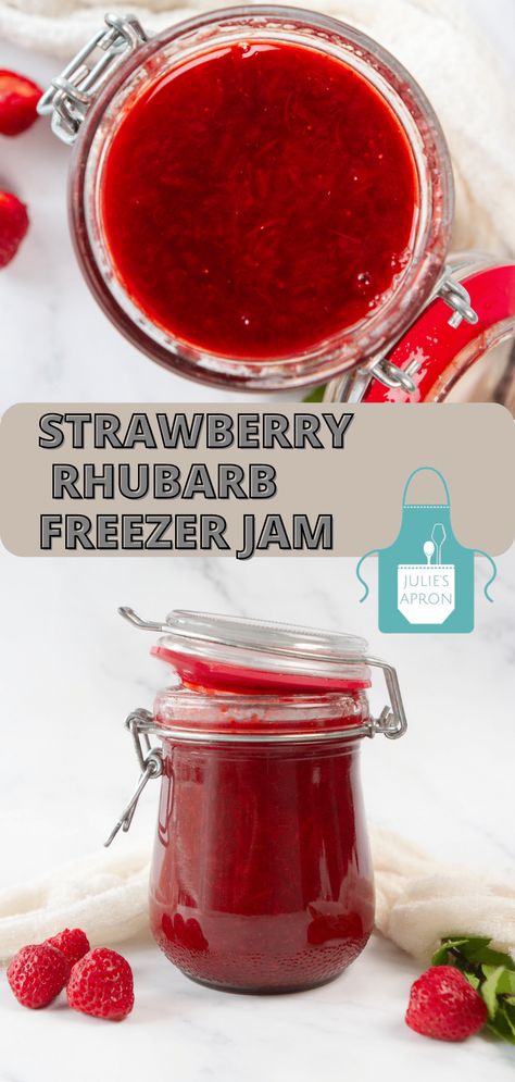 STRAWBERRY RHUBARB FREEZER JAM Rhubarb Jam Recipes Easy, Strawberry Rhubarb Freezer Jam, Raspberry Rhubarb Jam, Rhubarb Freezer Jam, Rhubarb Jelly, Fruit Jam Recipes, Rhubarb Jam Recipes, Freezer Jam Recipes, Strawberry Rhubarb Jam