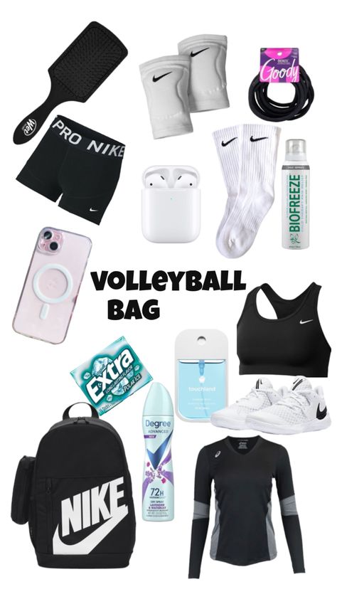 inspo for a volleyball bag for practices Volleyball Bag Checklist, What To Pack For Volleyball Practice, Volleyball Gift Basket Ideas, Volleyball Fits Practice, What To Have In Your Volleyball Bag, What To Wear To Volleyball Practice, Whats In My Volleyball Bag, Volleyball Bag Essentials List, Volleyball Aesthetic Outfits