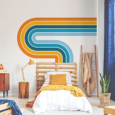 70s Stripe Wall Mural, Rainbow Cottagecore, Rainbow Rooms, Cottagecore Bedroom, Stripe Wall, Retro House, Rainbow Wall Decal, Nursery Rainbow, Kids Room Decals