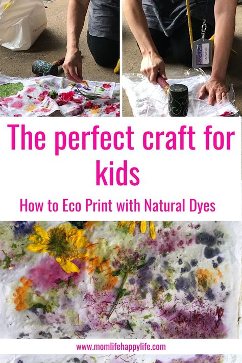 Create beautiful moments and memories with your kids with this great craft idea using natural dyes to eco print on fabric. Use leaves and  flowers and get your kids connecting with nature. Step by step Tutorial, great for beginners. Solar Dyeing, Eco Printing Textiles, Collage Embroidery, Eco Dyeing Fabric, Natural Dyeing Techniques, Free Applique Patterns, Fabric Dyeing Techniques, Eco Crafts, Diy Dye