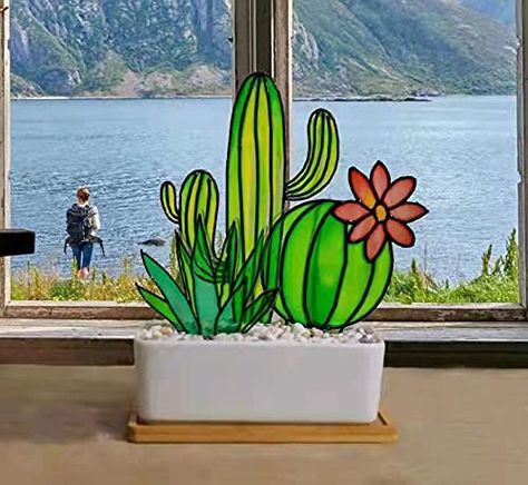 Stained Glass Cactus, Plant Ornaments, Balcony Kitchen, Glass Cactus, Glass Art Projects, Kitchen Patio, Patio Style, Cactus Decor, Painting Glassware