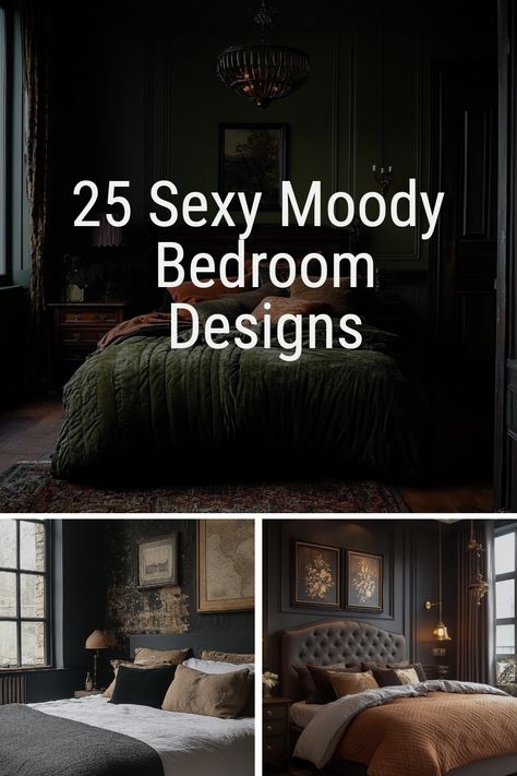 Moody décor suits a wide range of styles, from Art Deco and minimalist to modern, vintage, and masculine looks. Discover these captivating bedroom designs with a moody aesthetic. Bedroom Vibes Aesthetic Dark, Cal King Bedding Ideas, Moody Bedroom Inspiration, Olive And Black Bedroom, Tulum Bedroom Decor, Modern Luxury Bedroom Master Suite Decorating Ideas, Moody Luxury Bedroom, Masculine Bedding Ideas, Dark Theme Bedroom Ideas