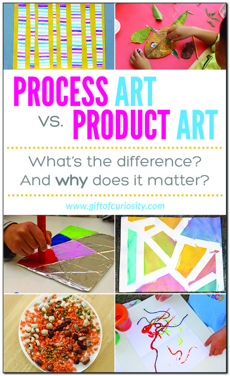 Process art vs. product art: What's the difference? And why does it matter? Great tips from a child development professional on engaging your children in process-oriented art activities. | #artsandcrafts #giftofcuriosity #handsonlearning || Gift of Curiosity Product Art Preschool, Product Vs Process Art, Process Over Product Art, Every Child Is An Artist Activities, Process Art Vs Product Art, The Creative Process In Art, Montessori Art Classroom, Prek Art Ideas, Quick Art Activities