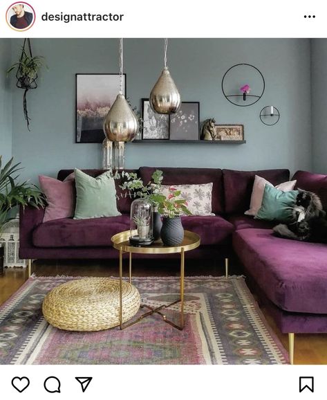 Over The Couch Decor, Dark Purple Living Room, Plum Living Room, Lavender Living Room, Jewel Tone Living Room, Purple Living Room Ideas, Burgundy Living Room, Purple Couch, Purple Living Room