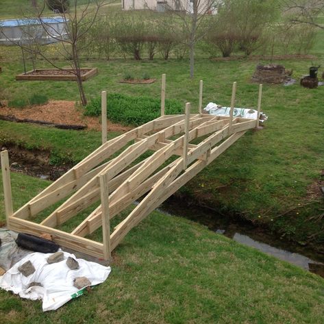 Diy Bridge, Yard Bridge, Backyard Bridges, Wooden Bridge, Bridge Design, Backyard Projects, Tile Shower, Wood Bridge, Diy Backyard