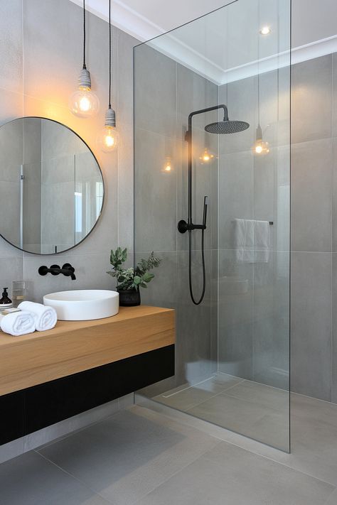 Simple Ensuite Bathroom Ideas, Neutral Bathroom Black Fixtures, Minimalist Bathroom With Bathtub, Shower Tile Ideas Modern, Bathroom Ideas Black Fixtures, Gray Small Bathroom Ideas, Modern Minimalist Small Bathroom, Small Minimalist Bathroom, Bathroom Shower Only