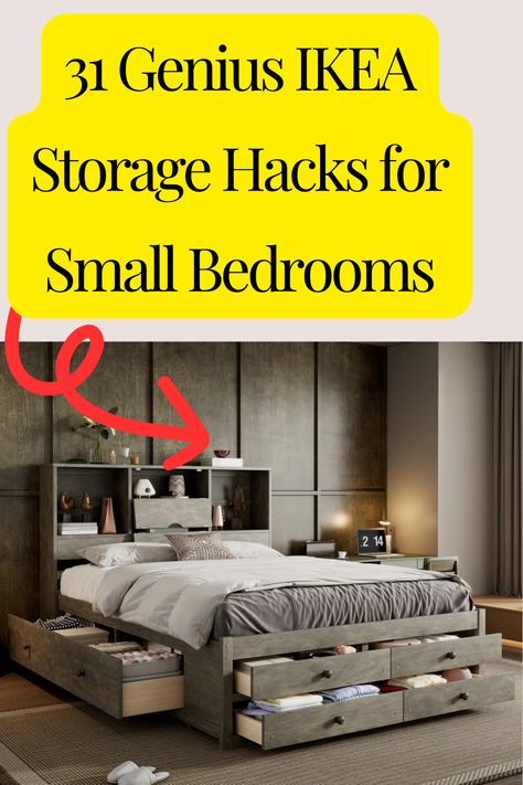 These easy DIY ideas will transform your space into an organized and stylish haven. Say goodbye to clutter and hello to smart storage solutions that won't break the bank. Perfect for maximizing every inch of your room!

#IKEA #StorageHacks #SmallBedroom #DIY #HomeOrganization #InteriorDesign #SpaceSaving #BedroomDecor #IKEA hacks #OrganizationTips #StylishStorage #DIYProjects #HomeImprovement #ClutterFree #BedroomInspo #Upcycle #CreativeStorage #AffordableDecor #FurnitureHacks #SmallSpaceLiving Ikea Hacks Bedroom, Hacks For Small Bedrooms, Ikea Bedroom Hacks, Guest Room Storage, Ikea Wardrobe Hack, Ikea Hack Bedroom, Under Bed Shoe Storage, Ikea Storage Hacks, Kallax Shelving Unit