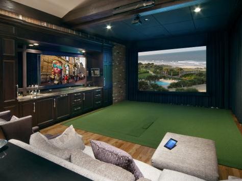 CEDIA 2013 Media Room Finalist: Golf Getaway | Home Remodeling - Ideas for Basements, Home Theaters & More | HGTV Golf Man Cave, Modern Media Room, Home Golf Simulator, Media Room Decor, Home Theater Room, Golf Simulator Room, Golf Room, Media Room Design, Golf Simulator