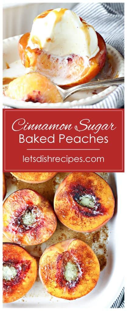 Cinnamon Sugar Baked Peaches Recipe -- Fresh peaches are halved, sprinkled in brown sugar and spices, then baked until tender in this easy, delicious dessert. Don’t forget the vanilla ice cream! Ranch Wife Recipes, Baker By Nature Recipes Desserts, Easy Romantic Dessert For Two, Dinner Date Dessert Recipes, Southern Recipes Main Dishes, Roommate Dinner Ideas, Peach And Ice Cream Dessert, Peach Recipes Dessert Easy, Peaches And Ice Cream Desserts