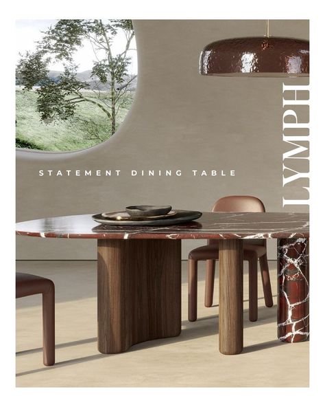 Lymph Dining Table is inspired by nature and its harmony — The top with its elongated organic shape has an irregular outline, and the feminine curves enchant with its delicate refinement. The base reflects the idea of asymmetry proposed in the upper part, consisting of a curved body and two cylindrical ones, which vary in orientation and size. The world of nature is also present in the choice of materials, which originate from it: precious Red Lepanto Marble combined with American Walnut Wood. American Walnut, Dining Sets, Nature Design, Inspired By Nature, Organic Shapes, Walnut Wood, Dining Set, Nature Inspiration, Walnut