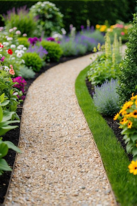 A winding pea gravel path through a vibrant garden filled with various flowers and lush plants, illustrating stunning garden pathways. Gravel Walkways Paths, Pea Gravel Walkway, Pea Gravel Path, Garden Path Ideas, Stone Walkways, Concrete Pathway, Gravel Walkway, Be Peaceful, Flagstone Path