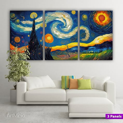 Canvas Paintings On Wall, Series Painting Canvases, Van Gogh Painting Ideas, Painting Ideas Van Gogh, Canvas Sizes On Wall, Unique Painting Ideas For Walls, Memorial Wall Ideas, Set Of 3 Canvas Painting Ideas, Canvas Painting For Wall