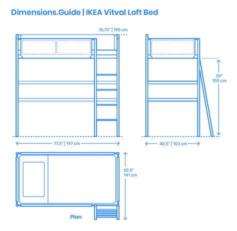 The IKEA Vitval Loft Bed fits into several decor styles and needs that you can dress with different accessories and bedding. It requires anchoring and securing to the wall because of the light construction. The space below the bed provides a cozy spot for many functions. The IKEA Vitval Loft Bed has an overall height of 76.75” (195 cm), width of 40.5” (103 cm), and length of 77.5” (197 cm). There is a clearance of 59” (150 cm) below the top platform. Downloads online #kids #beds #furniture #home Loft Bed Dimensions, Ikea Vitval Loft Bed Ideas, Loft Bed Height, Vitval Bunk Bed Ideas, Vitval Loft Bed Ideas, Vitval Ikea Ideas, Ikea Vitval Bed Hack, Ikea Vitval Loft Bed, Small Room Layouts