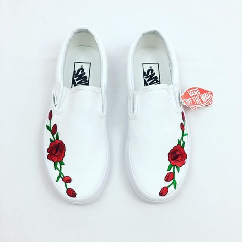 Rose Vans, white slip on vans, rose embroidered vans, custom vans,... ($96) ❤ liked on Polyvore featuring shoes, sneakers, vans trainers, pull on sneakers, vans sneakers, vans shoes and white trainers Vans Ideas, Slip On Outfit, Outfit Vans, Fancy Sneakers, Embroidered Vans, Rose Vans, White Slip On Vans, Vans Custom, Custom Vans Shoes