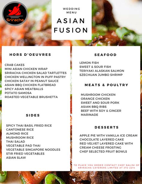 Spanish Asian Fusion, Asian Food Wedding Buffet, Asian Wedding Buffet, Afro Asian, Asian Buffet, Summer Dinner Party Menu, Asian Fusion Wedding, Asian Chicken Wraps, Bbq Chicken Flatbread