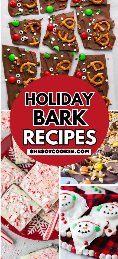 Christmas bark recipes photo collage with text overlay. Reeses Bark Recipes, Christmas Candy With Almond Bark, Christmas Candy Recipes Easy Almond Bark, Saltine Bark Recipes, Christmas Tree Bark Recipe, Desserts With Almond Bark, Reindeer Magic Bars, Graham Cracker Peppermint Bark, Easy Diy Christmas Treats For Kids