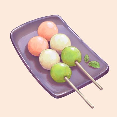 Matcha Mochi, Japanese Food Illustration, Desserts Drawing, Number Three, Cute Food Drawings, Pin Design, Food Painting, Japanese Dessert, Kawaii Food