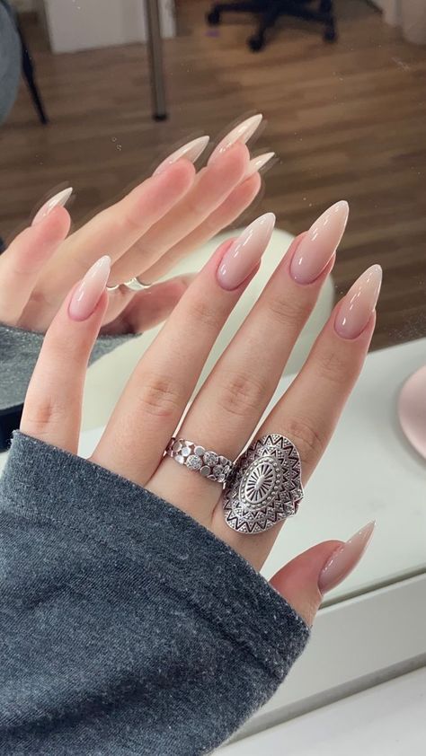 Oval Nails Long Acrylic, Natural Gel X Nails Almond, Basic Nails Long, Bare Nails Aesthetic, Almond Nails 2024, Nude Stiletto Nail Designs, Almond Simple Nails, Gel Extension Nails Design, Neutral Stiletto Nails