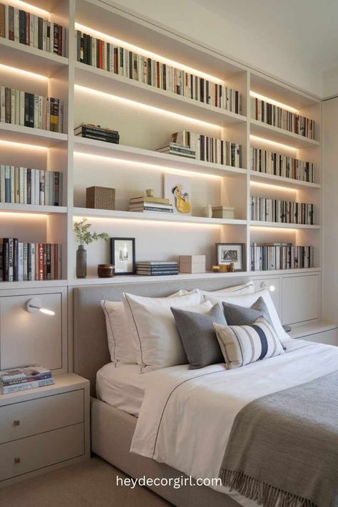 15 Must Copy Bedroom Library Ideas - Hey Decor Girl [Latest Trending Decor Design Ideas] Bookshelf Styling In Bedroom, Master Bedrooms Decor Bookshelf, Bookshelves In The Bedroom, Book Shelving Ideas Bedroom, Bookshelf Design In Bedroom, Built In Bookcase Around Bed, Bedroom Design With Bookshelf, Wall Of Bookshelves Bedroom, Bedroom Inspirations With Bookshelves