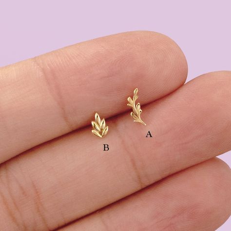 14K Solid Gold Olive Leaf Stud Earring Branch Cartilage Earring Tiny Leaves Helix Stud Conch Earring Leaf Tragus Stud Flat Back Earring 20g - Etsy Dainty Tragus Jewelry, Leaf Stud Earrings, Flat Back Stud Earrings, Piercing Conch, Tragus Stud, Conch Earring, Flat Back Earrings, Studded Flats, Cartilage Earring