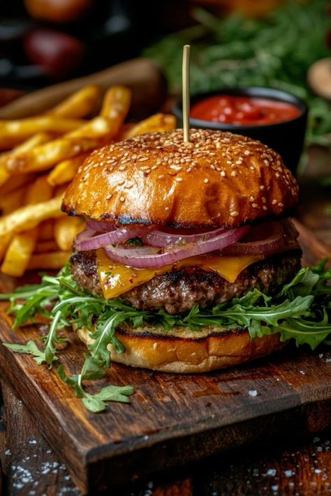 Burger Menu Photography, Burgers And Sandwiches, Different Hamburger Ideas, Different Cuisines, Gourmet Burgers Ideas, Burger And Fries Aesthetic, Cheeseburger Aesthetic, Burger Plating Ideas, Food Photography Burger