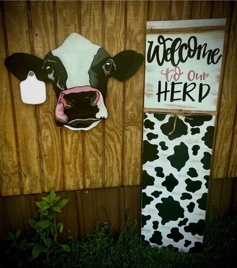 Matching Porch Sign And Door Hanger, Western Front Porch Signs, Cow Porch Leaner, Cow Print Porch Leaner, Cow Wood Sign, Cow Print Porch Sign, Farm Porch Signs, Outside Signs Front Porches, Dark Interior Doors