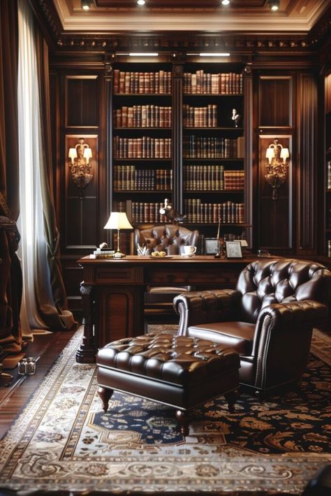 Deep Luxury Dark Wood Study, Lotr Bedroom, Townhouse Office, Dark Home Decor Ideas, Chic Library, Heavy Drapes, Fabric Panelling, Color In Interior Design, Victorian Hotel