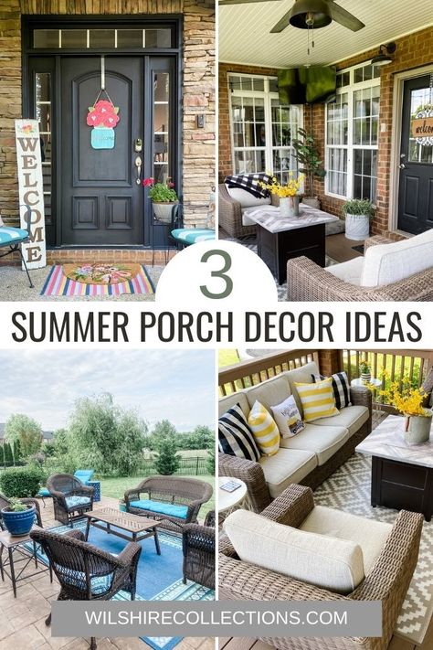 Need some ideas on how to spruce up your outdoor spaces? We've got a couple of ideas on how you can decorate your front door, outdoor patio, and porch decor! It's simple, fun, and a great way to start off your summer! Front Porch Seating, Wilshire Collections, Summer Front Porch Ideas, Summer Front Porch Decor, Summer Outdoor Decor, Summer Porch Decor, Outdoor Entryway, Porch Decorating Ideas, Summer Front Porches