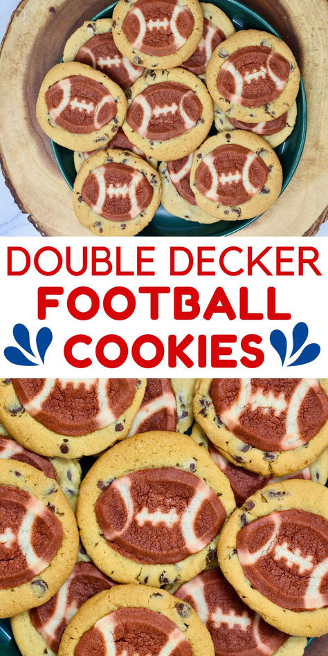 These Double Decker Football Cookies are super cute and so easy to make. They're my new favorite baking hack and essential for your football party this year. These Game Day cookies are a real winner! Dallas Cowboys Snacks, Bengals Football Food, Football Game Crockpot Recipes, Fall Football Desserts, Football After Game Snacks, Football Baked Goods, Football Game Day Desserts, Football Cookies Easy, Cute Football Snacks