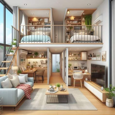 Small Loft Decor, Tiny House Inside, Mini House Design, Tiny Home Floorplan, Tiny Home Community, Bunk Bed Room, Loft Style Bedroom, House Community, Loft House Design