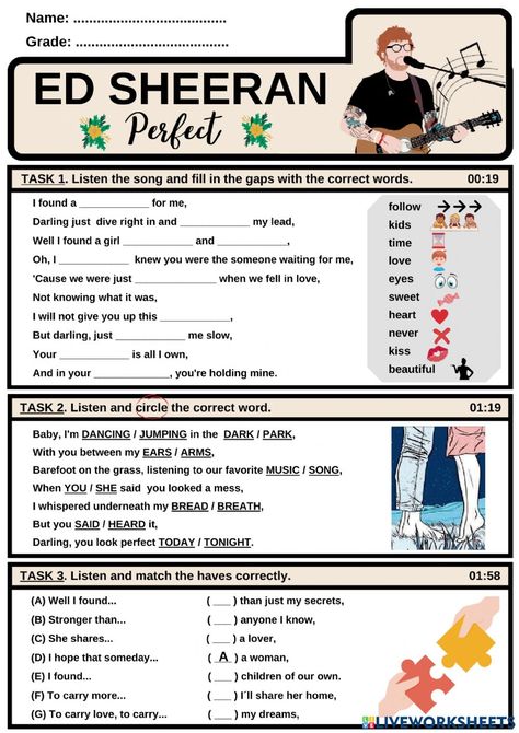 English Speaking Exercises, Can Worksheet, Song Listening, Song Worksheet, Perfect Ed Sheeran, Listening Activities, Perfect Song, English Today, Study English Language