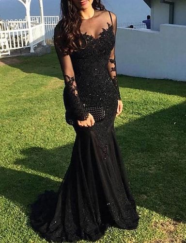 Mermaid / Trumpet Sparkle Sexy Engagement Formal Evening Dress Illusion Neck Long Sleeve Sweep / Brush Train Lace with Appliques 2022 Sequin Prom Dresses Long, Mother Of The Bride Dresses Long, Evening Dresses Online, Cheap Evening Dresses, Dark Wedding, Sequin Prom Dress, Party Kleidung, Illusion Dress, Black Prom