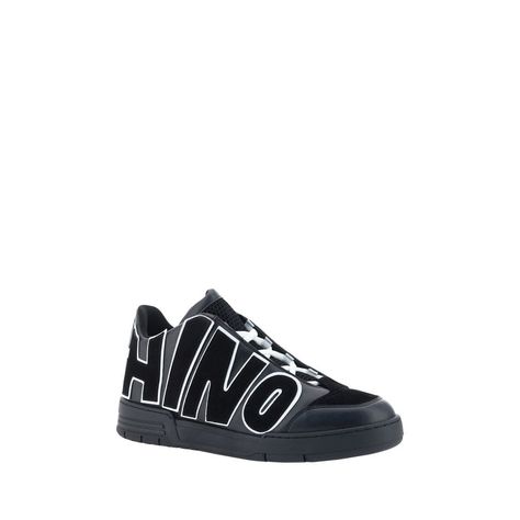 Calfskin Sneakers by Moschino featuring round toe, flat sole, front lace-up closure, contrasting three-dimensional brand maxi logo at heel and side panels. Moschino Sneakers, Side Panels, Panel Siding, Moschino, Three Dimensional, Lace Front, Calf Skin, Lace Up, Sneakers