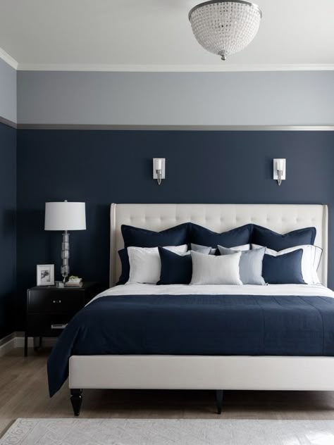 Create a bold and sophisticated look by painting one wall in a deep navy blue shade. Add contrast with light-colored furniture and accessories, such as a crisp white bedding set and a sleek silver side table. Blue Accent Wall Ideas, Dark Blue Accent Wall, Navy Blue Accent Wall, Dark Blue Bedroom Walls, Off White Bedrooms, Royal Blue Bedrooms, Dark Blue Rooms, Blue Accent Wall, White Bedding Set