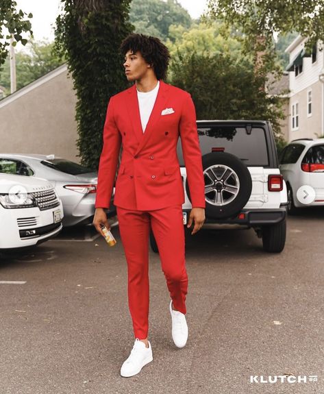 Guys Wearing Suits Aesthetic, Suits Men Black And Red, Turtle Neck Homecoming Men, Prom Suits For Men Nude, Prom Fits For Guys Black, Red And Black Prom Outfit Men, Red And White Suits For Men, Prom Suits For Men With Sneakers, Red Prom Suits For Men