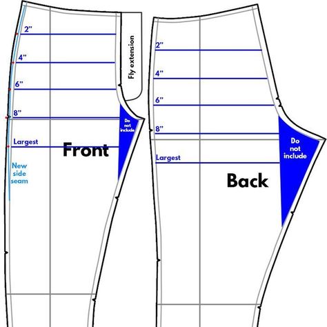 When altering a pants pattern across the front and back hip, start at the largest hip point and gently curve to the waist. Altering Pants, Projek Menjahit, Sewing Pants, Sewing Alterations, Sew Ins, Pants Sewing Pattern, Beginner Sewing Projects Easy, Pattern Drafting, Sewing Projects For Beginners