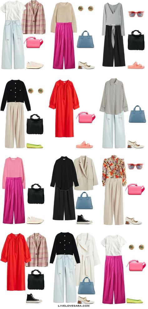 A white background with outfits 1-12 built from the ultimate spring capsule wardrobe 2022. Simple Spring Outfits Casual, Spring Capsule Wardrobe 2022, Pink Capsule Wardrobe, Capsule Wardrobe 2022, Plus Size Capsule Wardrobe, Ultimate Capsule Wardrobe, Preppy Wardrobe, Simple Spring Outfits, 2022 Outfits