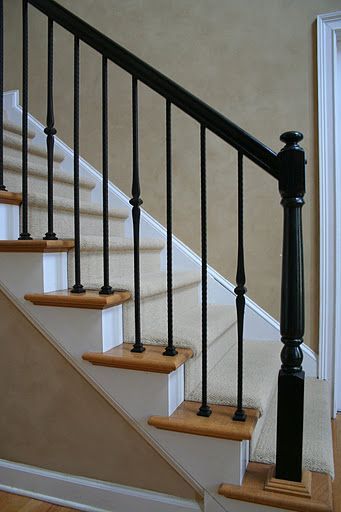 Black Handrails make even a simple stair look elegant. I try to get  everyone to paint their's. | Pinterest | Paint, Stairs and Photos Replacing Wood Balusters With Iron, White Balusters, Stairs Rails, Wood Banister, Wooden Handrail, Metal Stair Railing, Interior Stair Railing, Wrought Iron Stair Railing, Stair Balusters