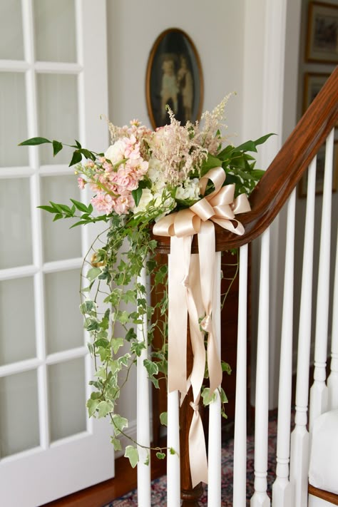 For an intimate home wedding, it's all about the special detials and touches!  Floral design by Lana with FairbanksFlorist.net, Art Faulkner Photography Stairs Decoration Wedding, Home Wedding Decorations Indoor, Wedding Staircase Decoration, Intimate Home Wedding, Walkways Ideas, Wedding Stairs, Wedding Decorations Indoor, Wedding Staircase, Staircase Decoration