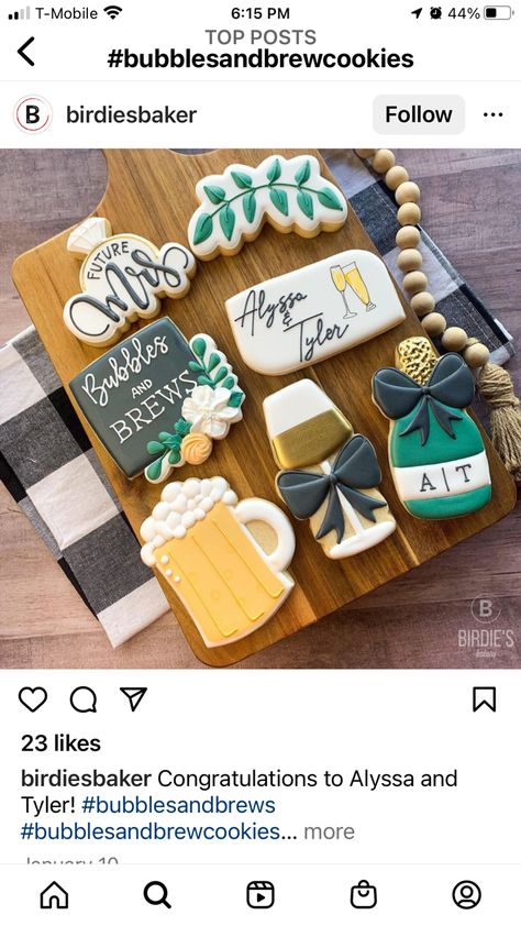 Stock The Bar Party Cookies, Bubbles And Brews Shower Cookies, Brews And Bubbly Party, Stock The Bar Cookies Decorated, Stock The Bar Couples Shower Ideas, Brews Before I Dos Cookies, Beer Themed Engagement Party, Bubbles And Brews Cookies, Bubbles And Brews Couples Shower Decor