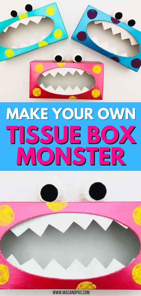 These tissue box monsters are an easy and fun craft for kids! You just need tissue boxes and paint! Kids will love making this colourful box craft, it's super fun to put together and it looks adorable! Great indooe craft for preschoolers, kindergarteners and school age kids. #kidscraft #artsandcrafts #funactivities #kidsactivities #tissueboxcrafts #craftforkids #craftsforkids #boredombusters #craftfortoddlers Box Monster, Tissue Box Crafts, Craft For Preschoolers, Recycled Crafts Kids, Indoor Crafts, Monster Craft, Monster Crafts, Box Craft, Indoor Activities For Kids