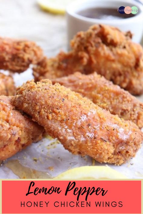 Lemon Pepper Honey chicken wings where the honey is infused with a nice lemon pepper flavor and then drizzled over extra crispy, lightly breaded chicken wings to create the perfect balance of savory sweet! #chicken #lemon #friedchickenrecipes #honey #lemonpepperwings #friedricerecipe #southernrecipes #comfortfoodrecipes #newyearseve Lemon Pepper Chicken Wings Recipe, Lightly Breaded Chicken, Breaded Chicken Wings, Honey Fried Chicken, Honey Chicken Wings, Chicken Wing Recipes Fried, Honey Chicken Recipe, Lemon Pepper Chicken Wings, Wing Sauce Recipes