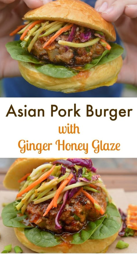 Asian Pork Burgers, Pork Smash Burger, Ground Pork Burgers Recipes, Pork Burgers Recipes Ground, Pork Burger Recipes, Asian Burger, Pork Burgers Recipes, Stuffed Burgers, Ginger Honey